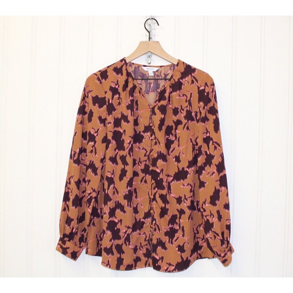 Nine West Blouse Button Front Long Sleeve Printed V-neck Shirt Top Size Large